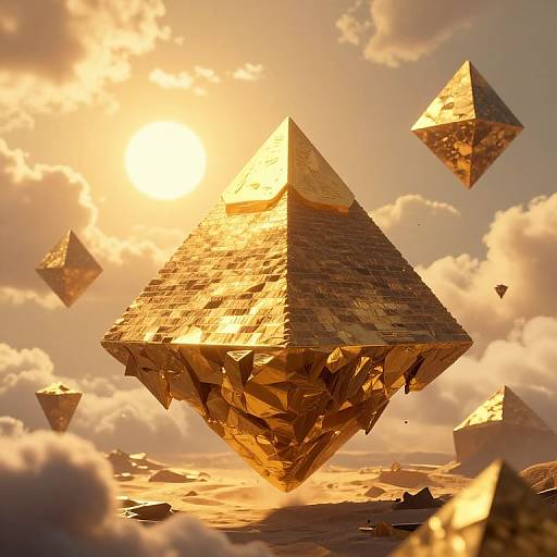 CGI image of golden, pyramid-shaped floating structures in a bright, cloudy sky at sunset, with additional pyramids in the background.