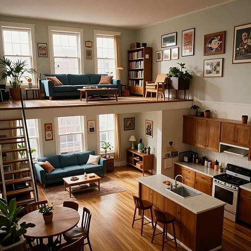 Photograph of a cozy, sunlit two-story apartment with blue sofas, wooden cabinets, potted plants, framed art, and a kitchen island.