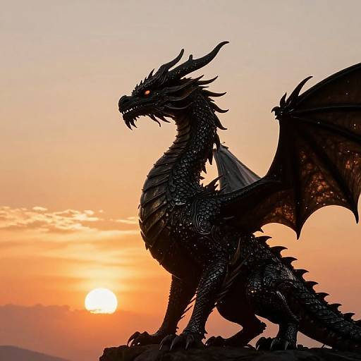 Silhouetted black dragon with glowing red eyes stands on rocky cliff at sunset, orange and pink sky in background, wings spread. Digital artwork.