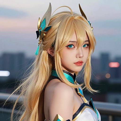 Fantasy Blonde Woman in Cityscape