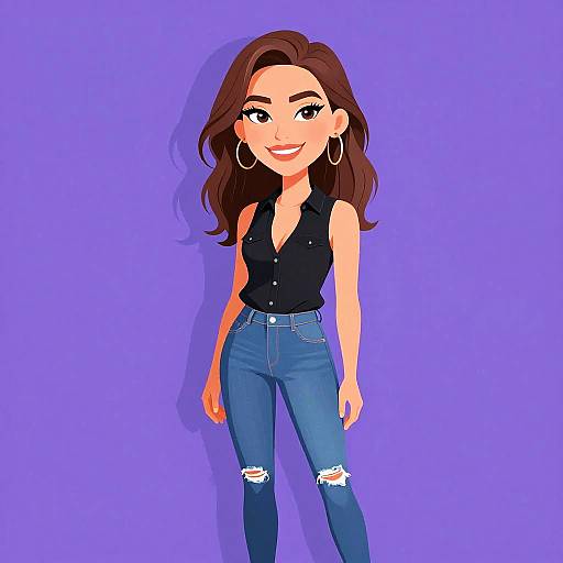 Digital illustration of a smiling woman with long brown hair, wearing a black sleeveless top, blue ripped jeans, and large hoop earrings, against a solid