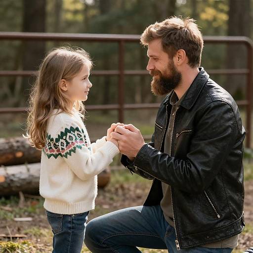 Kneeling Man and Smiling Girl Outdoors