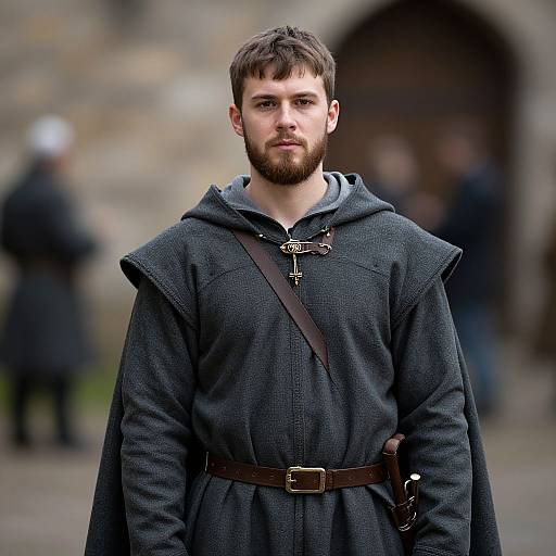 Photograph of a bearded man with short brown hair, wearing a dark gray medieval-style robe with belt, standing in front of a blurred stone building