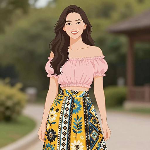 Smiling Woman in Bohemian Chic Outfit Outdoors