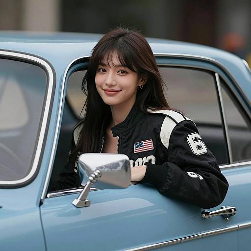 Young Woman in Racing Jacket Leaning on Blue Vintage Car