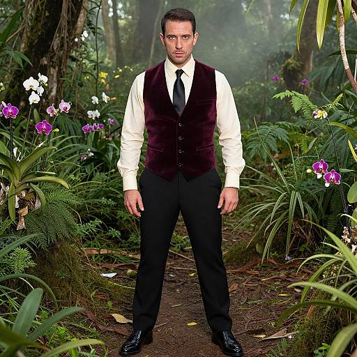 Photograph: Serious man in white shirt, black tie, and dark purple vest stands in a lush, forest garden with purple and white flowers.