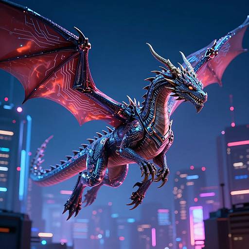 Cyberpunk Dragon Soaring Neon Night
