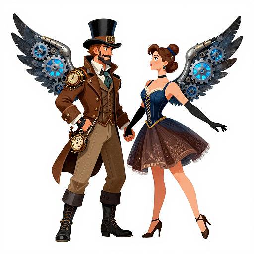 Steampunk couple: bearded man in brown coat and top hat with black wings, holding pocket watch, stands with brunette woman in blue corset