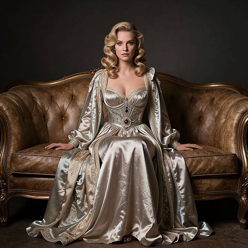 Photograph of a blonde woman with curled hair, wearing a silver satin gown with intricate embroidery, sitting on a brown leather couch against a dark background.