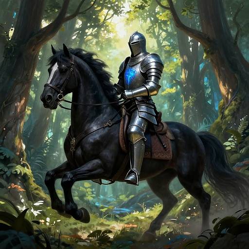 Digital painting of a silver-armored knight with a glowing blue emblem riding a black horse in a sunlit, mystical forest.