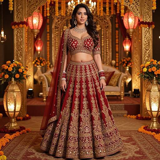 Indian woman in ornate red and gold traditional lehenga and choli, standing in a richly decorated, warmly lit room with floral accents. Phot