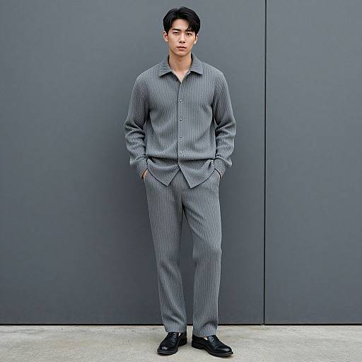 Photograph of an Asian man with short black hair, wearing a gray pinstripe shirt and pants, black shoes, standing against a gray wall with