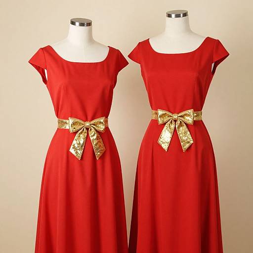 Photograph of two white mannequins wearing identical red dresses with short sleeves, cinched at the waist with gold, glittery bows.