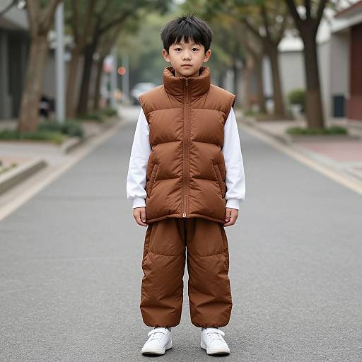 Photograph of an Asian boy with black hair, wearing a brown puffer vest, white long-sleeve shirt, and white sneakers, standing on