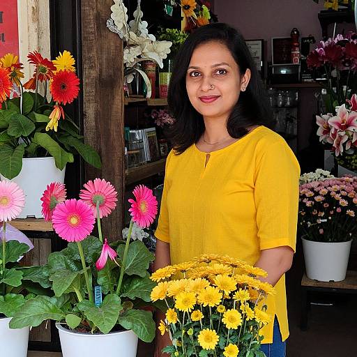 Photograph of a smiling Indian woman with medium skin tone, black hair, wearing a yellow shirt, standing in a flower shop holding yellow daisies