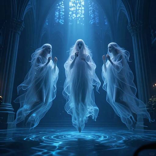 Three ethereal, blue-lit ghostly figures in flowing white robes float above a glowing blue pool in a dimly lit, gothic cathedral.
