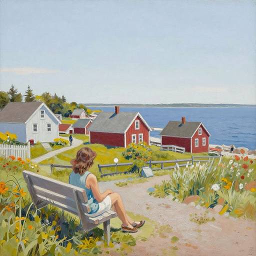 Colorful painting of a woman with curly brown hair, wearing a blue sleeveless top and white shorts, sitting on a bench, overlooking red and white