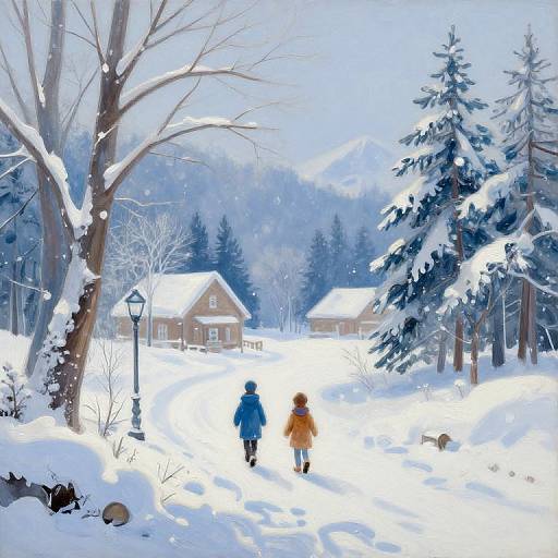 Digital painting of two children in colorful winter coats walking through a snowy forest towards a snow-covered cottage, with tall, snow-laden trees and a street