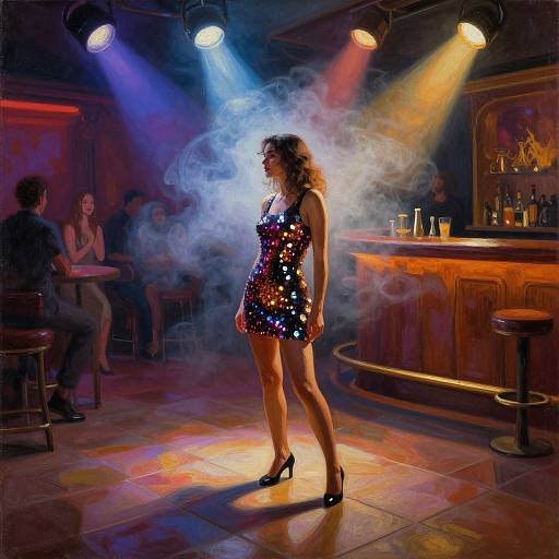 Photograph of a curvy woman with curly brown hair wearing a sequined, short black dress and black heels, standing in a smoky bar with