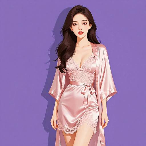 Chic Woman in Blush Satin Nightgown