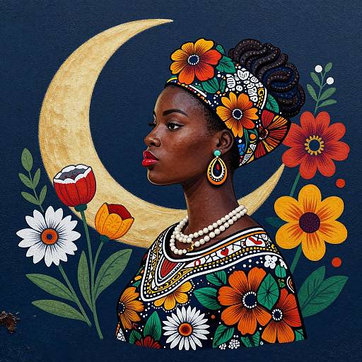 Photograph-style digital artwork of an African woman with dark skin, adorned in vibrant floral attire and headpiece, set against a dark blue background with a