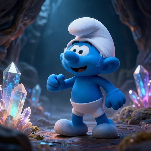 CGI image of a blue, cartoonish, smiling character with white hat and shorts, standing in a cave with glowing crystals.