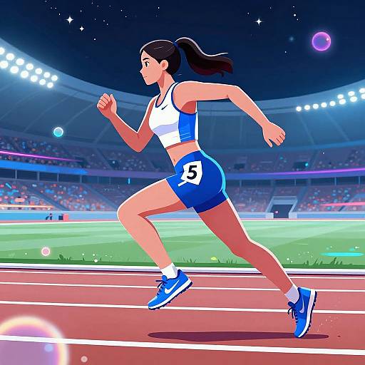 Digital illustration of a determined, athletic woman with long black hair, wearing a white-blue sports bra and shorts, running on a track in a brightly lit
