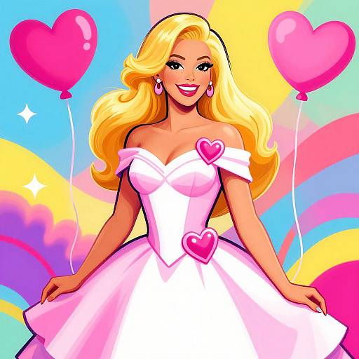 Colorful digital illustration of a smiling blonde woman in a white off-shoulder dress with heart-shaped accents, holding pink heart balloons against a vibrant,