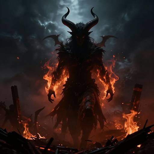 Digital artwork of a dark, silhouetted demonic figure with large horns, surrounded by bright orange flames, standing against a stormy, blue-gray
