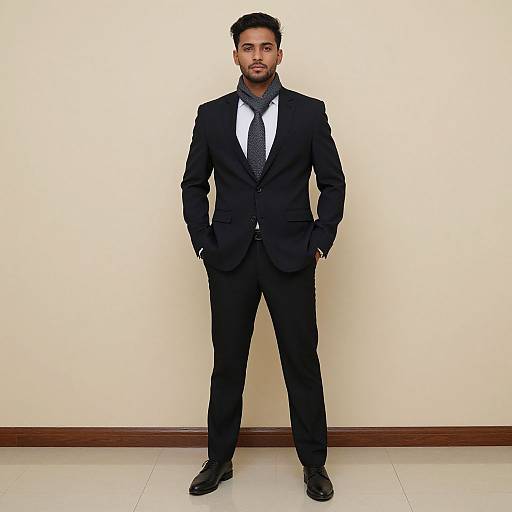 Photograph of a bearded man in a black suit, white shirt, and dark tie, standing against a cream-colored wall with hands in pockets.