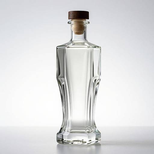 Photograph of a clear, rectangular glass bottle with vertical ridges, topped with a brown cork, set against a bright white background.