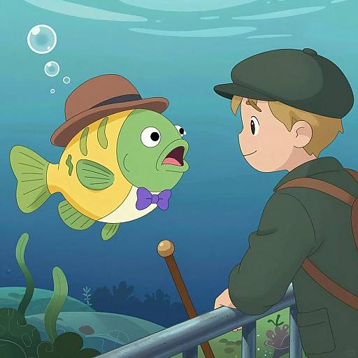 Whimsical Underwater Encounter with Fish and Boy