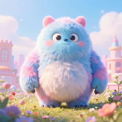 CGI image of a cute, fluffy, blue and pink bear with large eyes standing in a sunlit, flower-filled garden with colorful buildings in the