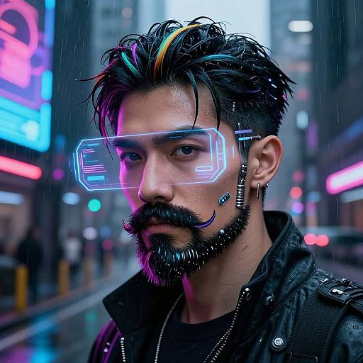 Cyberpunk portrait of a bearded man with neon visor, rainbow streaks in black hair, mustache, wearing dark leather jacket, standing