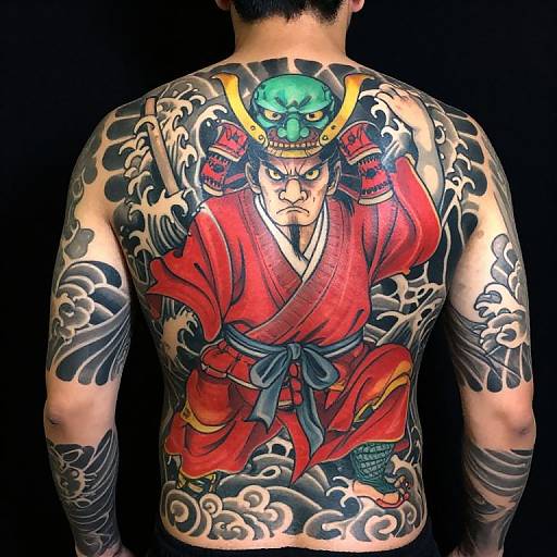 Tattooed man's back: vibrant, detailed Oni demon with green mask, red kimono, and black waves on muscular, tan skin
