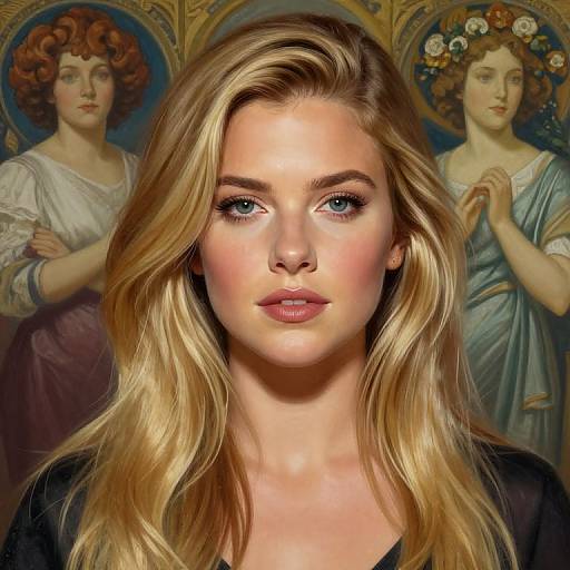 Digital artwork of a blonde woman with blue eyes, fair skin, and pink lips, centered against a background of two classical-style paintings of serene women with