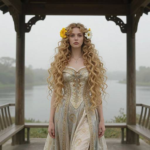 Photograph of a fair-skinned woman with long, wavy blonde hair, wearing a gold-embellished, strapless dress, and a