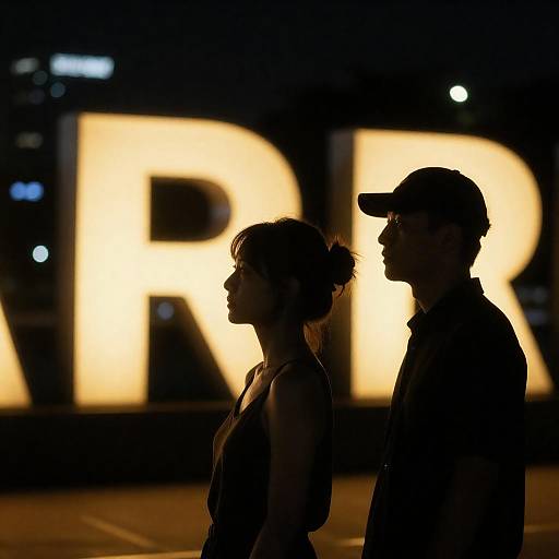 Silhouetted Couple at Night with Neon Letters