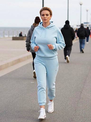 Photograph of a fit, short-haired woman in light blue hoodie and pants, white sneakers, jogging on a coastal path with blurred background and several people