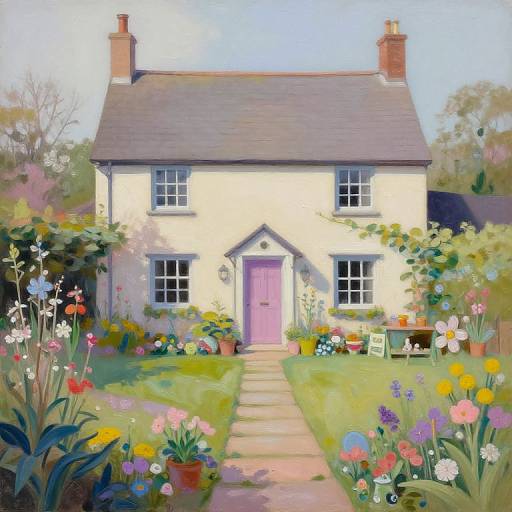 Whimsical digital painting of a charming, cream-colored cottage with purple door, surrounded by vibrant flower garden and lush greenery.