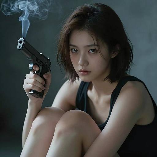 Intense Woman with Gun in Dark Light