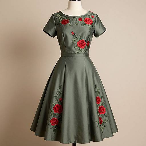 Photograph of a vintage, dark green, short-sleeved, A-line dress with red rose embroidery on the bodice and skirt, displayed on