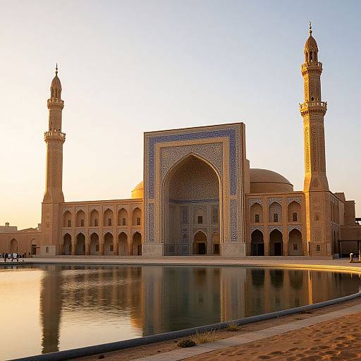 Photograph of a sunlit, ornate Islamic mosque with intricate blue and white tilework, two tall minarets, and a reflective pond in