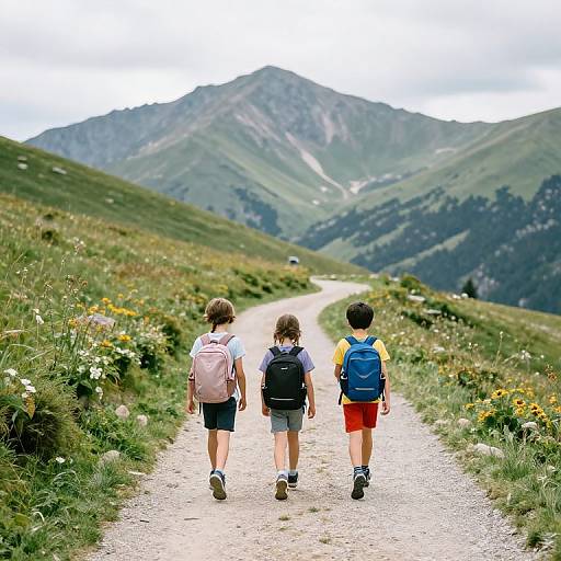 Three Kids Walking Mountain Path
