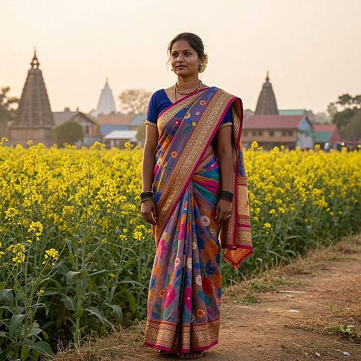 Photograph of a young Indian woman in a colorful sari standing in a sunlit yellow flower field with historic temples in the background.