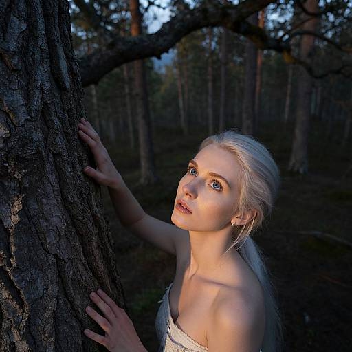 Photograph of a pale, blonde woman with blue eyes, wearing a white strap dress, standing in a dimly lit forest, holding a tree trunk