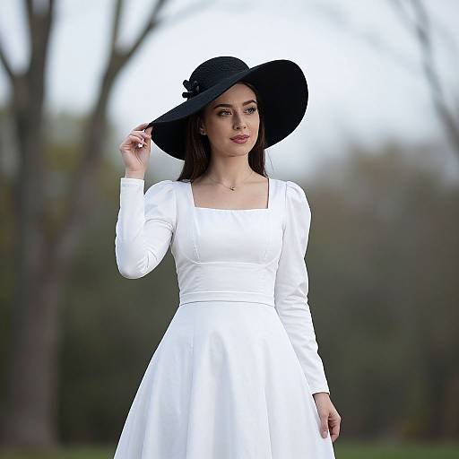 Photograph of a fair-skinned woman with dark hair, wearing a white long-sleeve dress and black wide-brimmed hat, standing outdoors