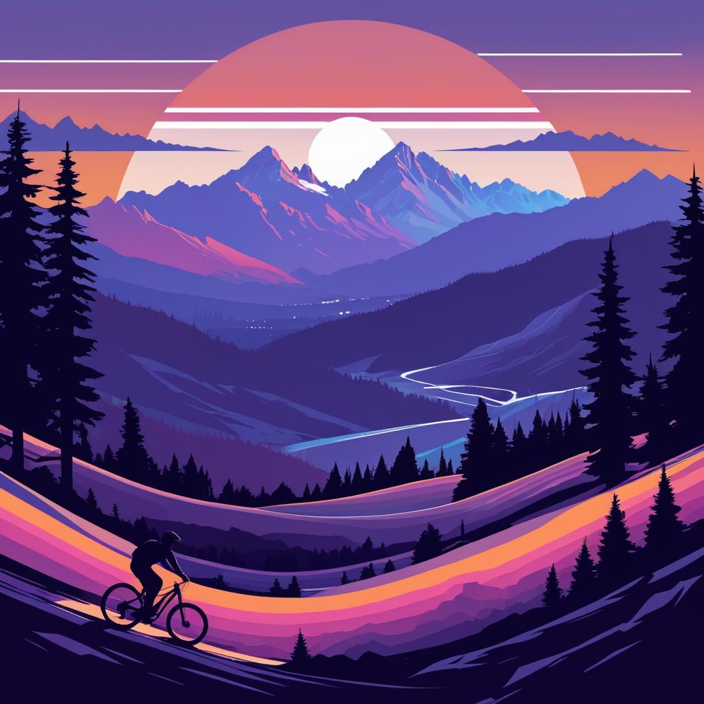 Mountain Bikers in Retro Landscape Silhouette