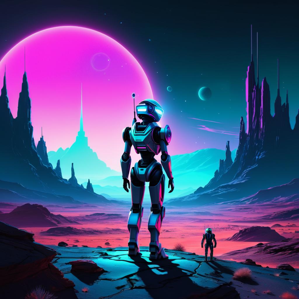 Robot Explorer in Neon Alien Landscape