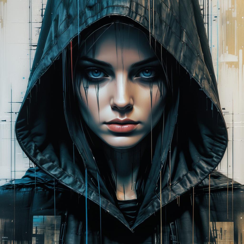 Mysterious Hooded Woman in Cyberpunk Style